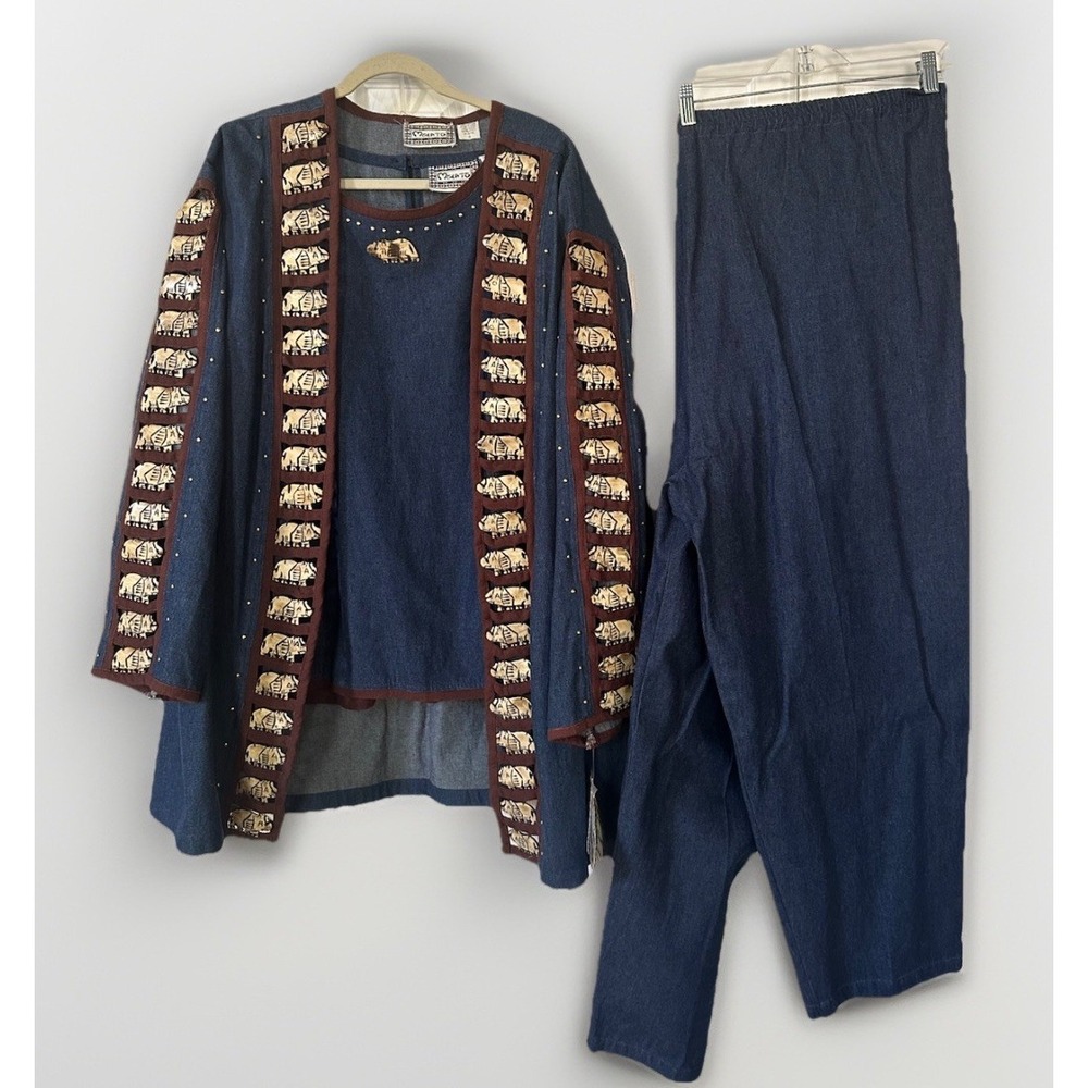 VTG 3 Piece Molato Denim Patchwork Maxi Duster African Outfit Ivory Animals 3X